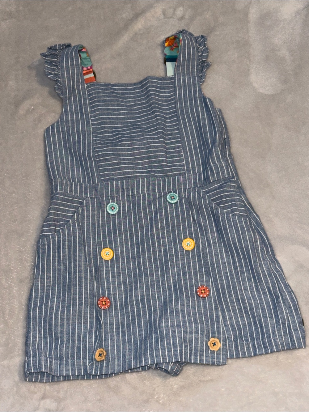 Matilda Jane Blue and White Striped Girls' Pinafore Romper with Colorful Buttons